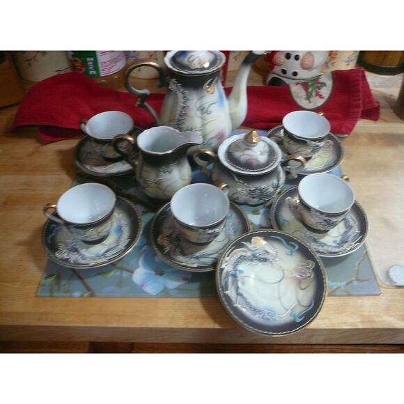 Vintage Ucagco Moriage 3D Dragonware 16 pc Demitasse Tea Set - Picture 1 of 14